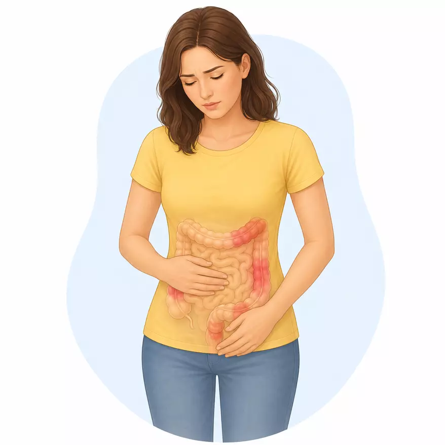 Kobieta w żółtej koszulce z zaznaczonymi anatomicznie jelitami
